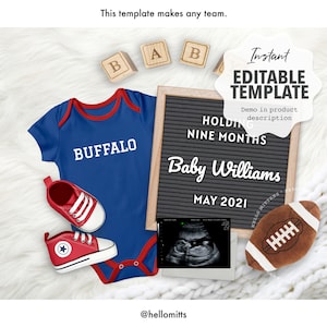 Digitale Babymitteilung / Schwangerschaftsankündigung / Bearbeitbare Vorlage / Buffalo Football / DIY zum Teilen in sozialen Medien / Macht JEDES TEAM