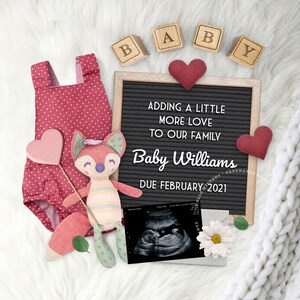 VALENTINE Pregnancy Announcement Digital, Febrero Baby Gender Reveal Idea, Letter board, Due FEB, Image for Social Media. Es una chica.