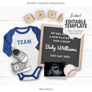 Editable Pregnancy Announcement Digital, Instant DIY Template, Baseball Baby or Gender Reveal, Announce Idea  for Instagram Social media