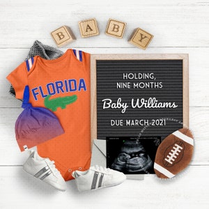 FOOTBALL Baby, Annuncio di Gravidanza per Social Media Digital, College Florida, Gender Reveal, Instagram Photo. Tutti i colori della squadra.
