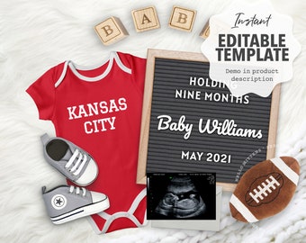 Annonce de bébé numérique / Annonce de grossesse / Modèle modifiable / Football de Kansas City / Partage de bricolage sur les réseaux sociaux / Fait TOUTE ÉQUIPE
