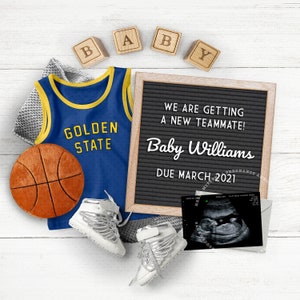 BASKETBALL Baby, Schwangerschaftsanzeige für Social Media, Golden State Sports Fan, Baby Reveal Idee, Foto für Instagram. Alle Teamfarben.