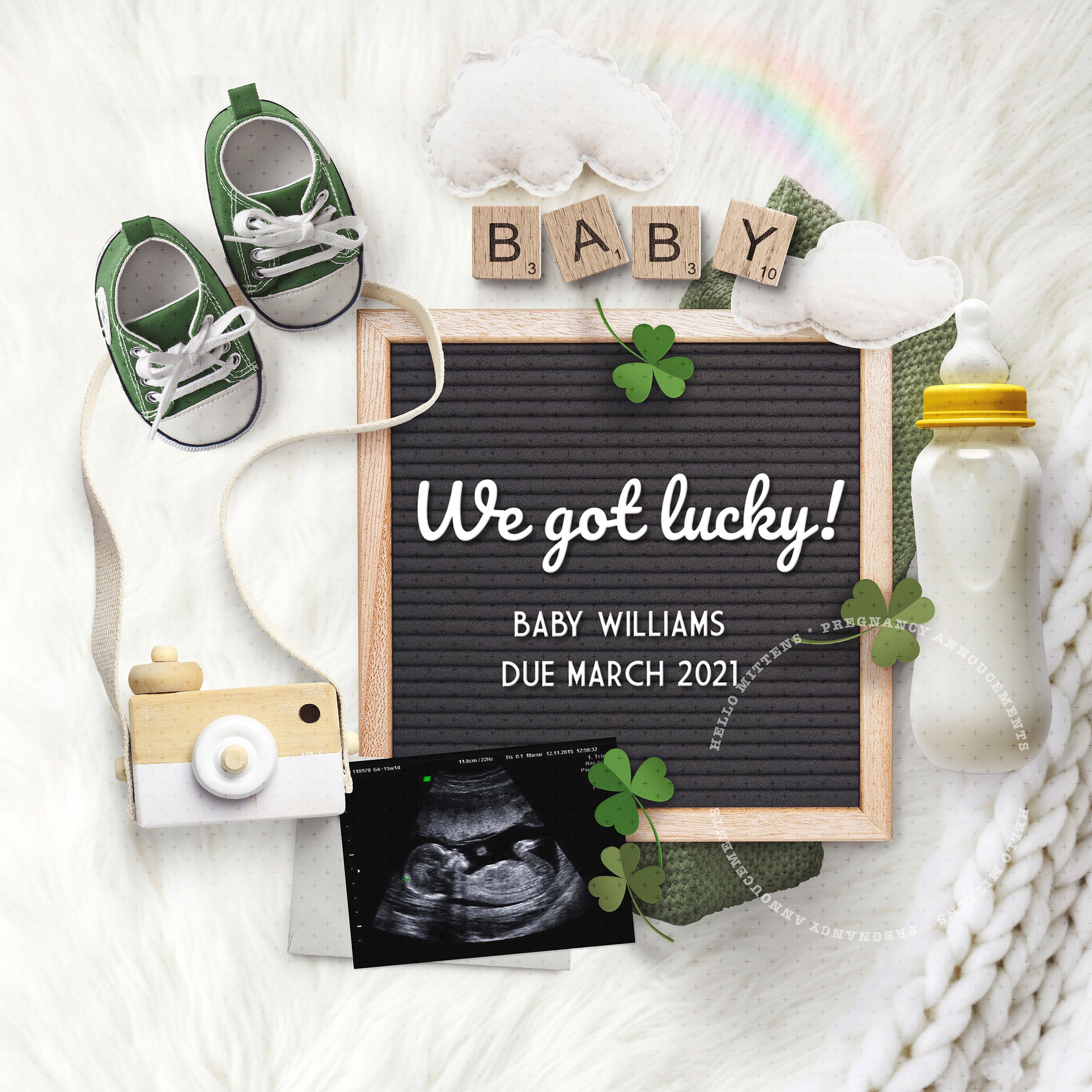 Digital Pregnancy and baby announcement with editable template and ultrasound and St Patrick's themed