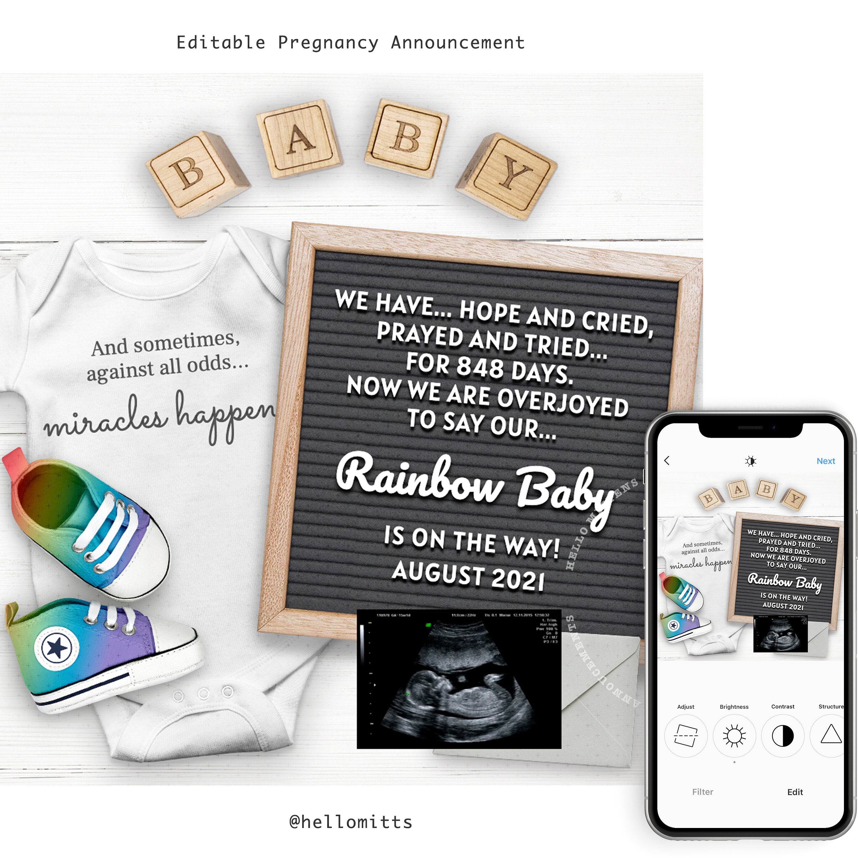 Editable Pregnancy Announcement Digital, Instant DIY Template, Gender Reveal,  Baby Announce Idea for Instagram Social Media, You Edit. 