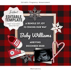 Bearbeitbare digitale Schwangerschaftsankündigung, Weihnachten Winter wegen Dezember Baby, Schneeflocke Reveal Vorlage für Social Media, Buffalo Plaid