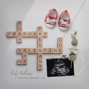 FEBRERO Bebé, Anuncio de Embarazo Digital, Personalizado San Valentín Bebé Revelar Idea, Due FEB, Imagen para las redes sociales.