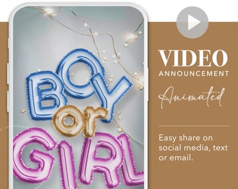 GENDER Reveal  Video, It’s a BOY or Girl digital announcement for Social Media, Text or Email. Animated personalized.