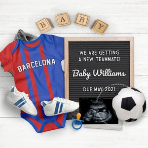 SOCCER Digital Pregnancy Announcement, Baby Announce, BARCELONA Football Soccer Team, Gender Reveal, Instagram Announce. Any Team Colors