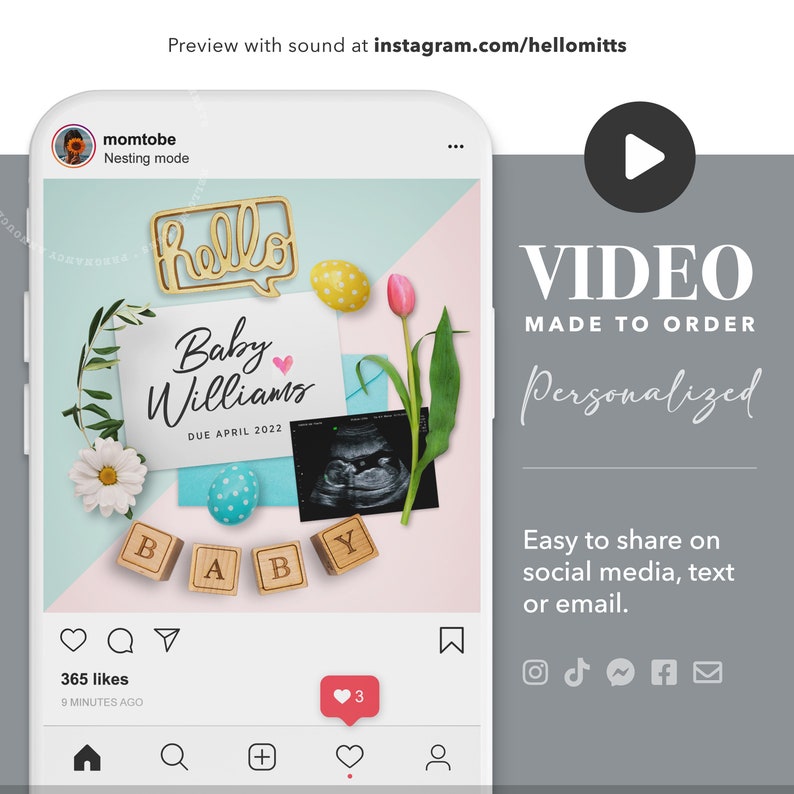 VIDEO Pregnancy Announcement, EASTER Digital Reveal Idea, April Spring Baby, Virtual Reveal, Share on Instagram, Social media or by text image 1