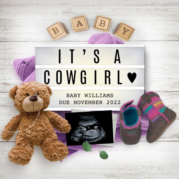 Pregnancy Announcement Digital, Cowboy Baby, Its Girl, Personalized Reveal Idea, Virtual Announce Photo Image for Social Media, Baby Boots.