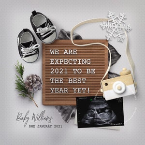 NUEVO año bebé, anuncio de embarazo digital, personalizado enero bebé revelación idea, tablero de letras, Due FEB, imagen para las redes sociales.