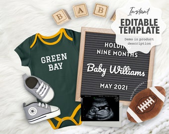 Digital baby announcement / Pregnancy announcement / Editable template / Green Bay football / DIY to share on social media / Makes ANY TEAM