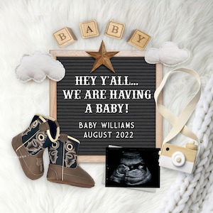 Anuncio de embarazo digital, bebé vaquero, idea de revelación personalizada, imagen de foto de anuncio virtual para redes sociales, botas de bebé.