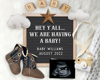 Annonce de grossesse numérique, Cowboy Baby, Idée de révélation personnalisée, Image photo d’annonce virtuelle pour les médias sociaux, Bottes de bébé.