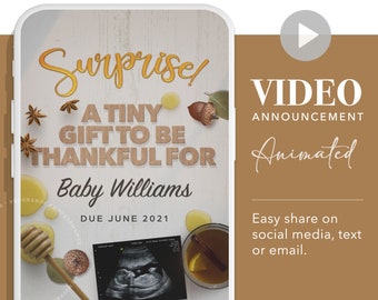 VIDEO Pregnancy Announcement, Thanksgiving Baby Gender NEUTRAL, Personalized Custom Animated Announce, Baby Reveal Idea for Social Media