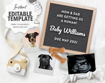 DOG, Digital Pregnancy Announcement, Baby sign, Reveal template. DIY editable, Neutral, Social Media, Facebook, Instagram with Sonogram