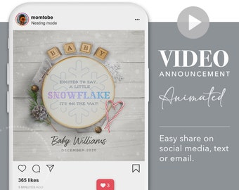 VIDEO Pregnancy Announcement Winter Christmas SNOWFLAKE, Due December, Baby Announce Reveal Idea for Social Media. Image or Video.