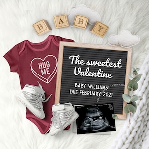 VALENTINE Pregnancy Announcement Digital, Febrero Baby Gender Reveal Idea, Letter board, Due FEB, Image for Social Media.
