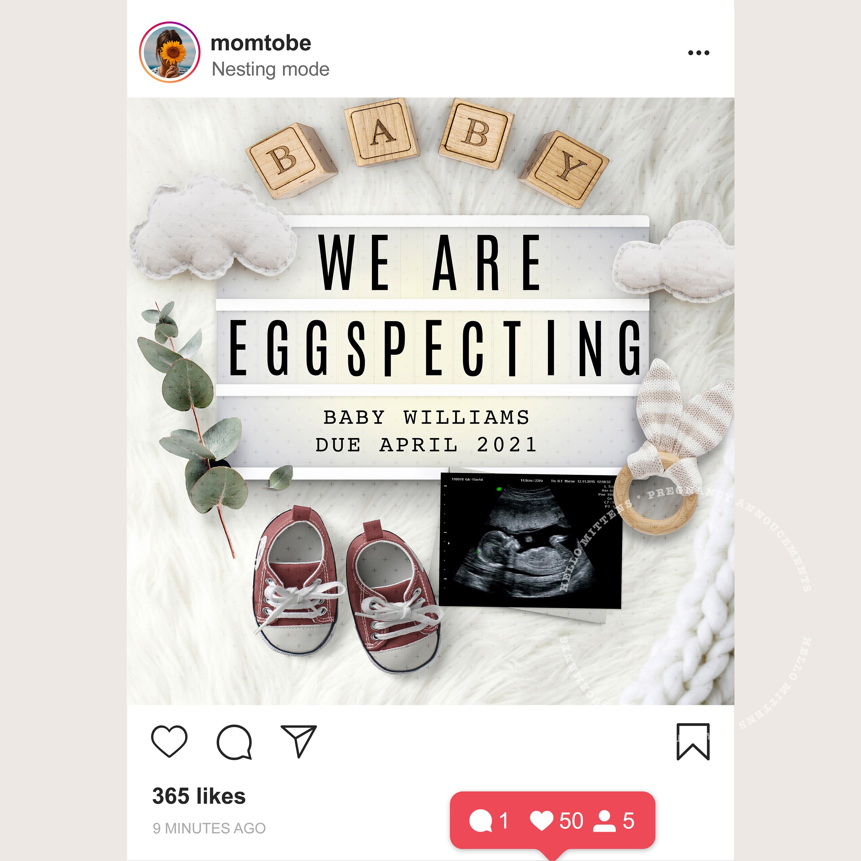 APRIL Baby Pregnancy Announcement for Social Media. Easter Etsy