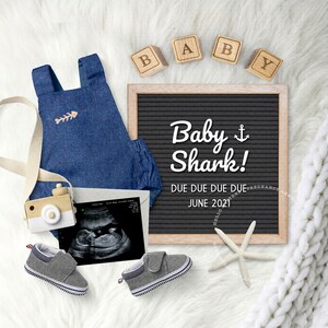 BABY SHARK Anuncio de embarazo Digital / NÁUTICA, personalizada Bebé Revela imagen de foto plana para redes sociales. Género neutral