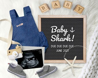 BABY SHARK Pregnancy Announcement Digital / NAUTICAL, Personalized Baby Reveal Flat Lay Photo Image for Social Media. Gender Neutral