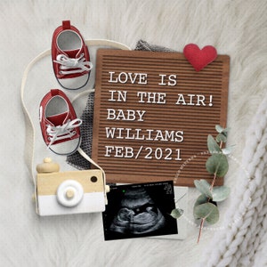 VALENTINE Pregnancy Announcement Digital, Febrero Baby Gender Reveal Idea, Letter board, Due FEB, Image for Social Media.