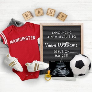 SOCCER Digital Pregnancy Announcement, Baby Announce, MANCHESTER Football Soccer Team, Gender Reveal, Instagram Announce. Any Team Colors