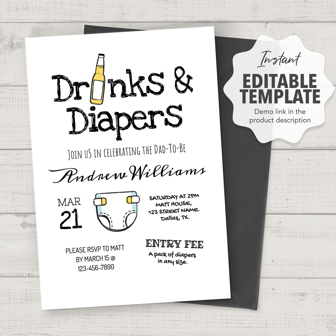 Dad Shower Invitation Template, Diaper and Drinks Party Invite - Etsy
