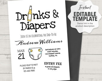 Dad shower invitation template, Diaper and Drinks Party Invite