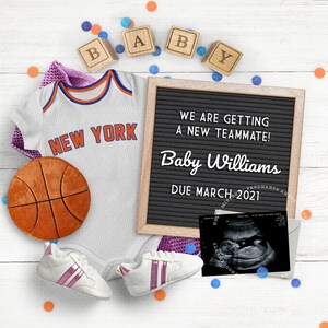 BASKETBALL Baby, Schwangerschaftsanzeige für Social Media, NEW YORK Sport fan, Baby Reveal Idee, Foto für Instagram. Alle Teamfarben.