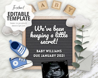 Pregnancy Announcement, Digital baby reveal, Editable DIY template, Gender reveal idea, for Instagram or any social media or send text.