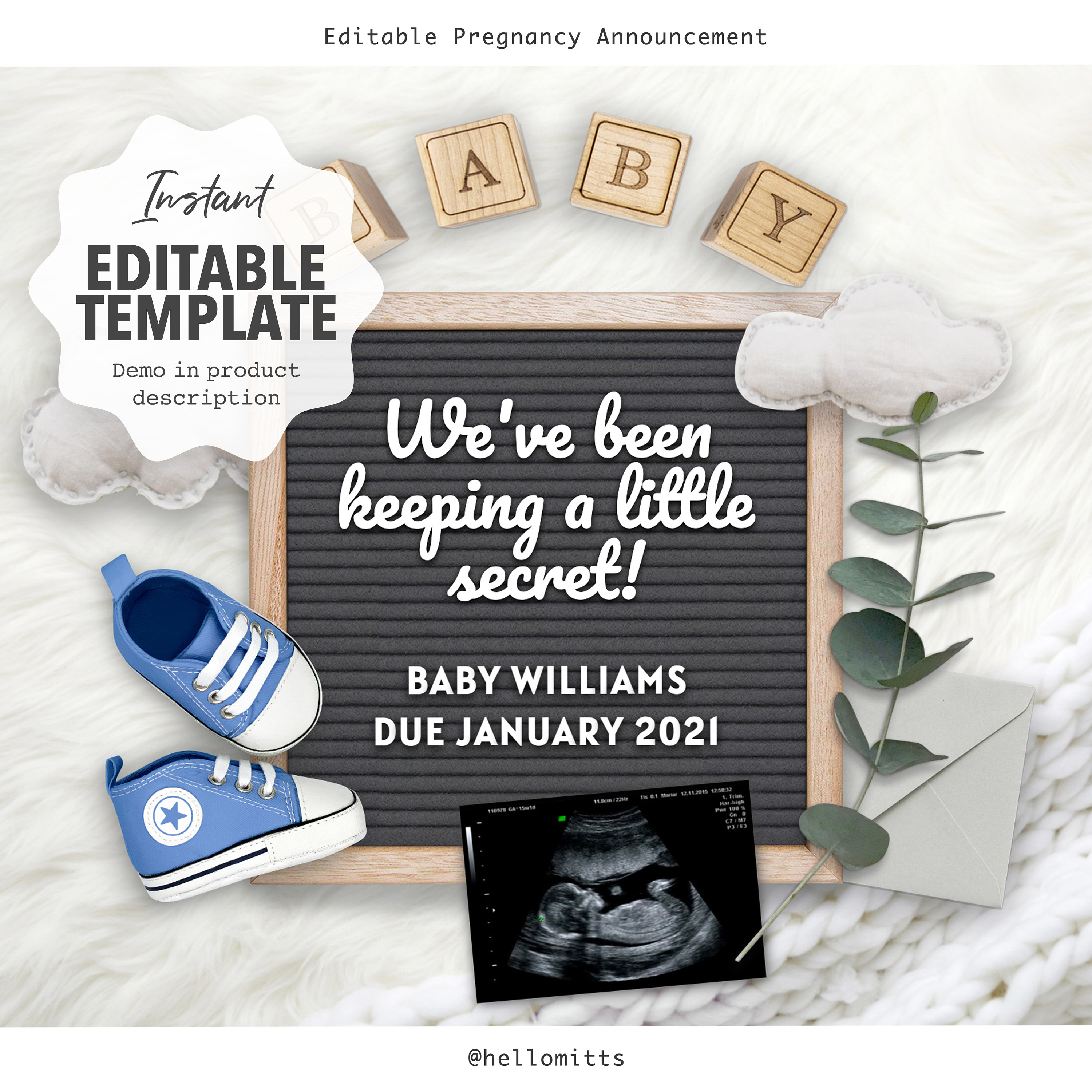 Pregnancy Announcement Digital Baby Reveal Editable