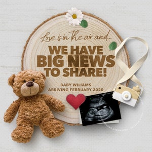 VALENTINE Pregnancy Announcement Digital, Febrero Baby Gender Reveal Idea, Teddy Bear, Due FEB, Imagen para redes sociales.