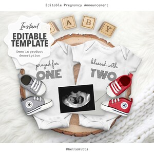 Editable Digital Pregnancy Announcement, RAINBOW IVF Baby, Reveal template for Social media. Pink, Blue shoes, Announce Idea. Customizable.