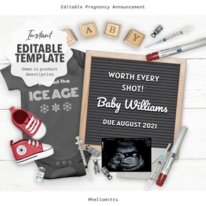 Bewerkbare digitale zwangerschapsaankondiging, RAINBOW IVF Frozen transfer Baby, Reveal-sjabloon voor sociale media. Roze, blauwe schoenen, kondig idee aan