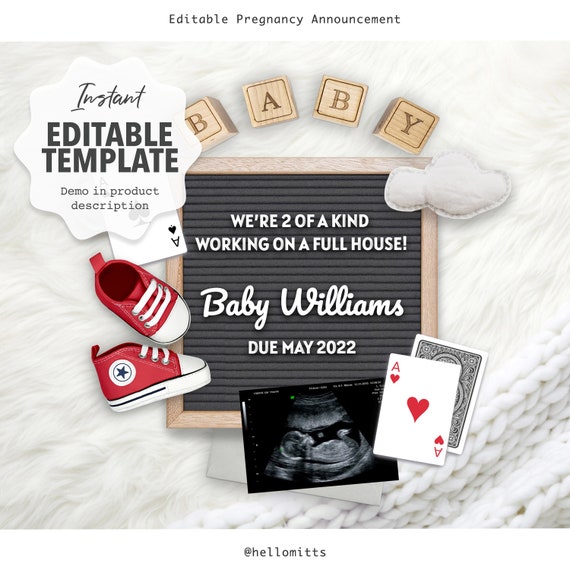 Editable Digital Pregnancy Announcement, POKER Baby, Reveal template for  Social media. Pink, Blue shoes, Announce Idea. Customizable. by Hello  Mittens