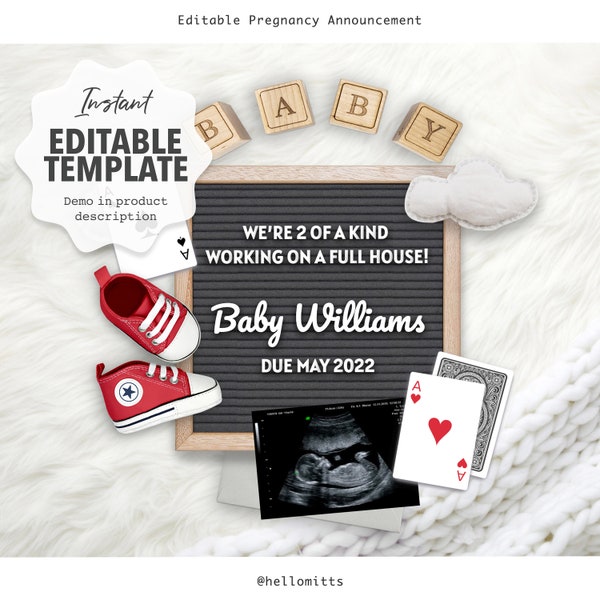 Editable Digital Pregnancy Announcement, POKER Baby, Reveal template for Social media. Pink, Blue shoes, Announce Idea. Customizable.