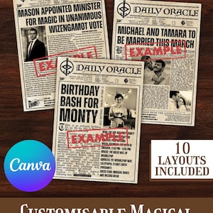 Puede incluir: Tres maquetas de periódicos con titulares como "Mason nombrado ministro de magia" y "Michael y Tamara se casarán". La imagen promociona "Customisable Magical Newspaper Spreads."