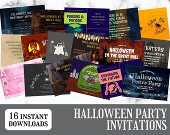 Könnte beinhalten: Eine Sammlung von 16 Halloween-Party-Einladungen mit verschiedenen Designs. Die Einladungen zeigen gruselige Themen, darunter Spinnen, Tränke und ein Harry-Potter-Thema. Der Text auf den Einladungen enthält Party-Details und Sätze wie "Halloween in the Great Hall."