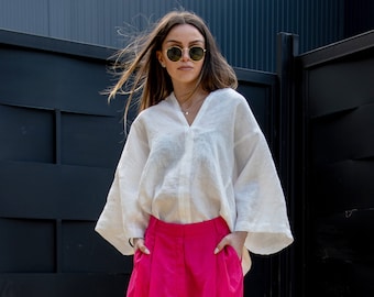 Handmade Linen Tunic Top: Oversized Blouse with Wide Sleeves AE187