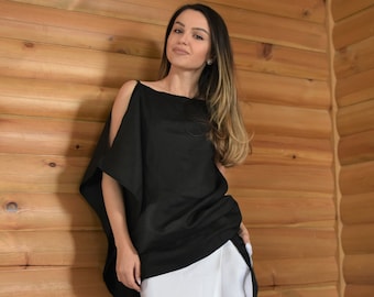 Handmade Linen Asymmetrical Tunic/Linen Top/Sleeveless Linen Blouse/Extravagant Top/Casual Tunic Top/Black Tunic/Women Summer Top/AE180