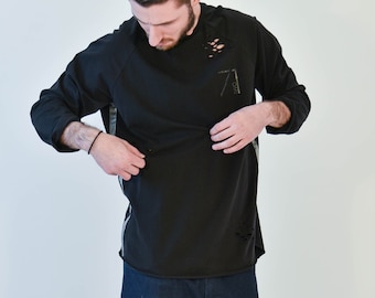 Svart handgjord långärmad t-shirt/Destroyed long t-shirt/Svart t-shirt/Svart handgjord t-shirt/Bomullssilverfärgad skjorta/ST00105