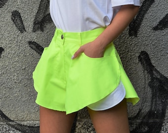 High Waisted Shorts/Cotton Shorts/Asymmetric Shorts/Mini Streetwear Shorts/Skort/Handmade Asymmetric Shorts/Summer Pants/Neon Shorts/AE176