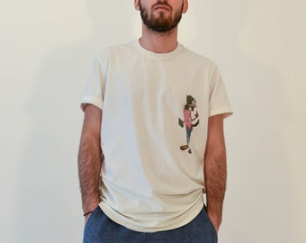 Handgjord vit bomulls-T-shirt med grafisk design, Destroyed Tee ST00106