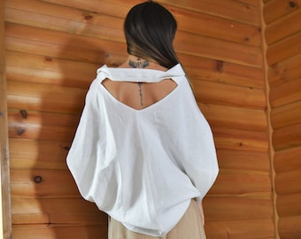 Opened Back Linen Top/Oversized Linen Blouse/Handmade Linen Top/Asymmetric Linen Tunic/Casual Linen Top/Linen Tunic Top/Backless Top/AE182