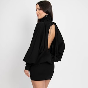 Black Backless Dress with Turtleneck and Adjustable Length/Open Back Dress/Black Mini Dress/Backless Stretch Dress/Cute Women Dresses/AE436