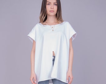 Oversized Top/Oversized T-shirt/Front Tie Top/Oversized White Blouse/Handmade Cotton Tee/Romantic Blouse/Elegant Top/Streetstyle Top/AE213