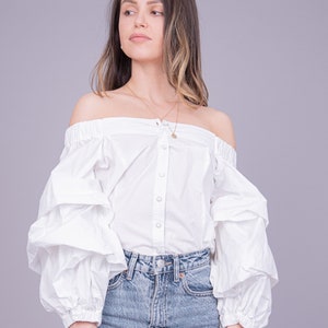White Off Shoulder Blouse/Buttoned Top/Ruffled Sleeves Top/Extravagant White Blouse/Feminine Tunic/White Designer Top/Stylish Blouse/AE217