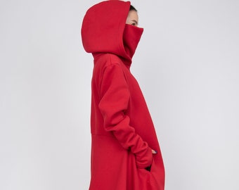 Asymmetrical French Terry Hooded Coat, Red Oversized Jacket
