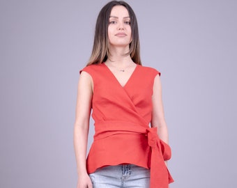 Wrap Linen Top/Belted Linen Top/Red Linen Tank Top/Tie Waist Blouse/Handmade Linen Clothing/Sustainable Linen Top/Tie Front Top/AE167